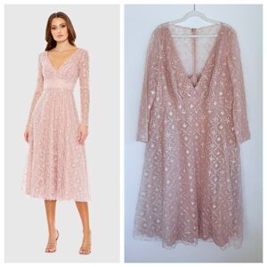 NWT Mac Duggal Pink Embellished Illusion Long Sleeve VNeck Midi Dress in Rose 22